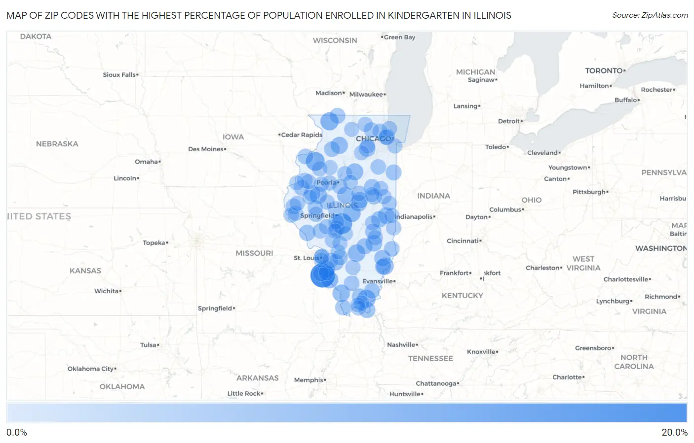 Zip Codes with the Highest Percentage of Population Enrolled in Kindergarten in Illinois Map