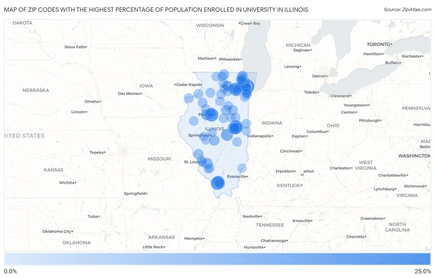 Zip Codes with the Highest Percentage of Population Enrolled in University in Illinois Map