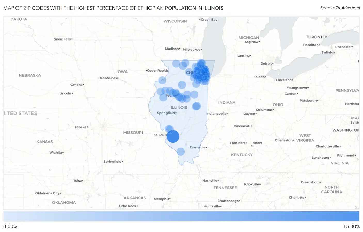 Zip Codes with the Highest Percentage of Ethiopian Population in Illinois Map