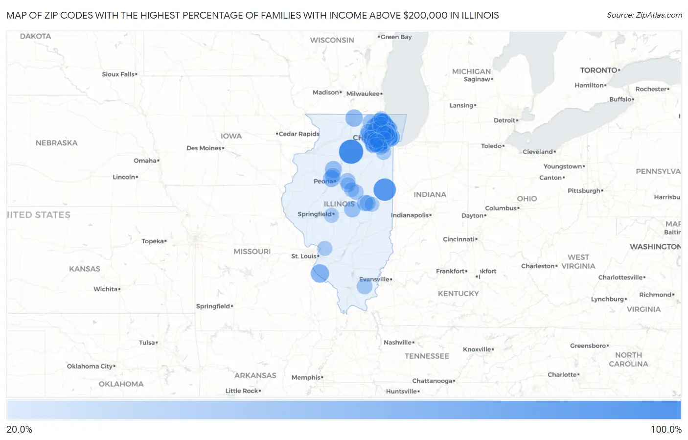 Zip Codes with the Highest Percentage of Families with Income Above $200,000 in Illinois Map