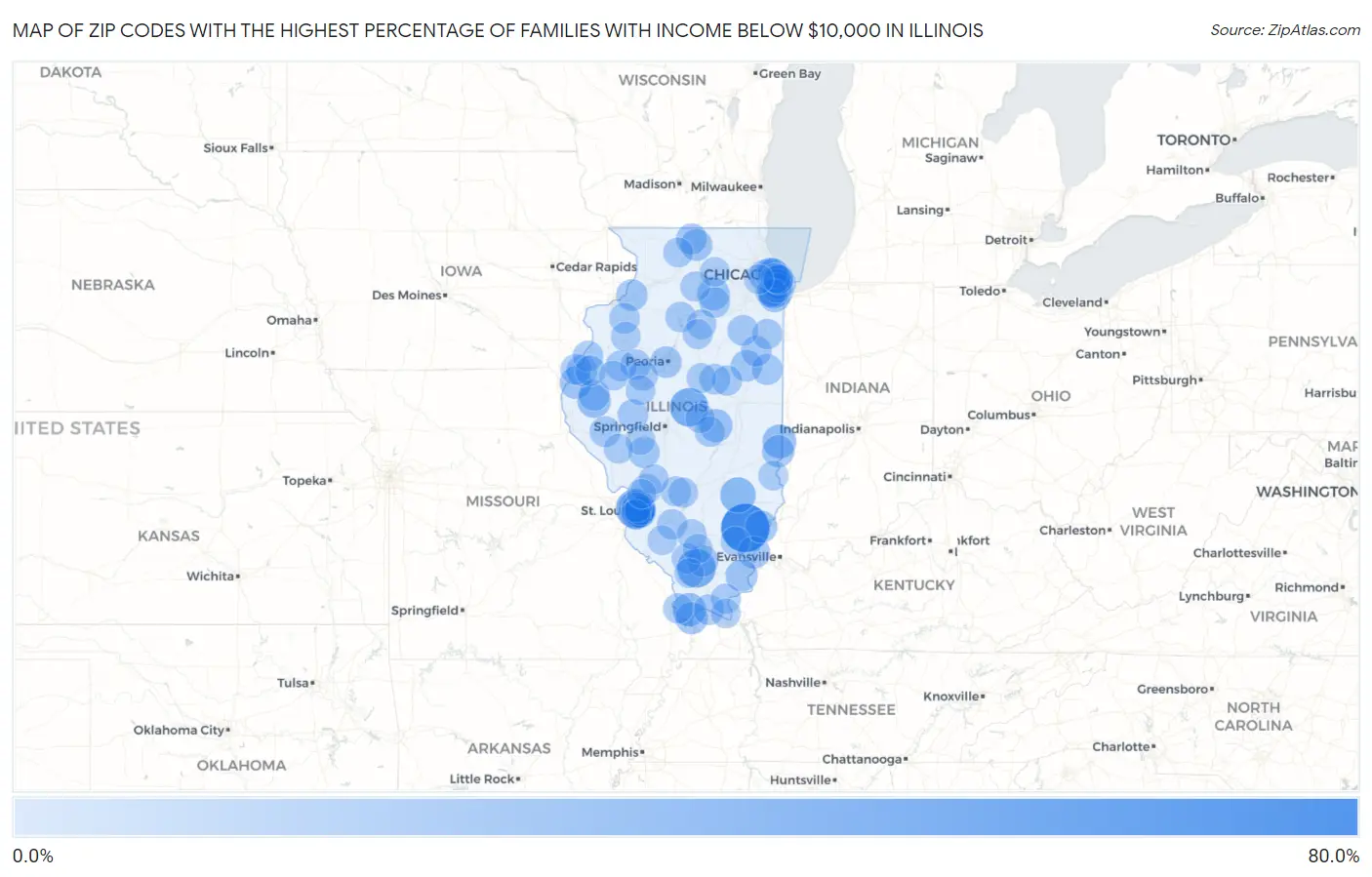 Zip Codes with the Highest Percentage of Families with Income Below $10,000 in Illinois Map
