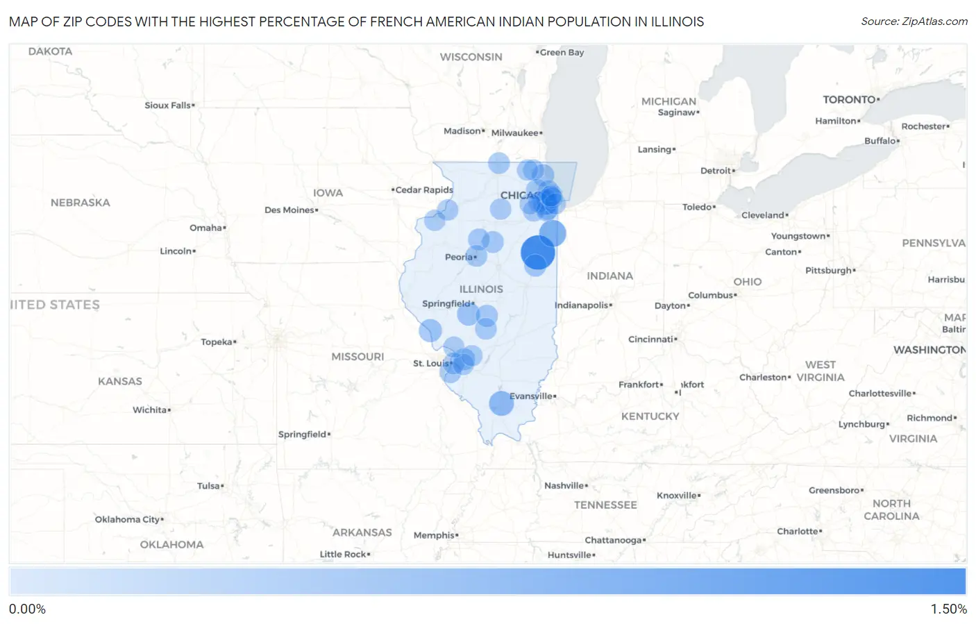 Zip Codes with the Highest Percentage of French American Indian Population in Illinois Map