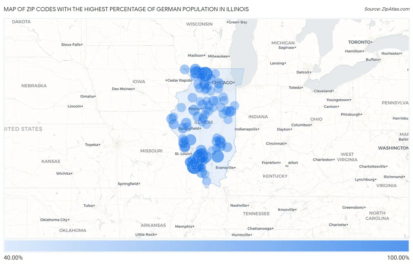 Zip Codes with the Highest Percentage of German Population in Illinois Map