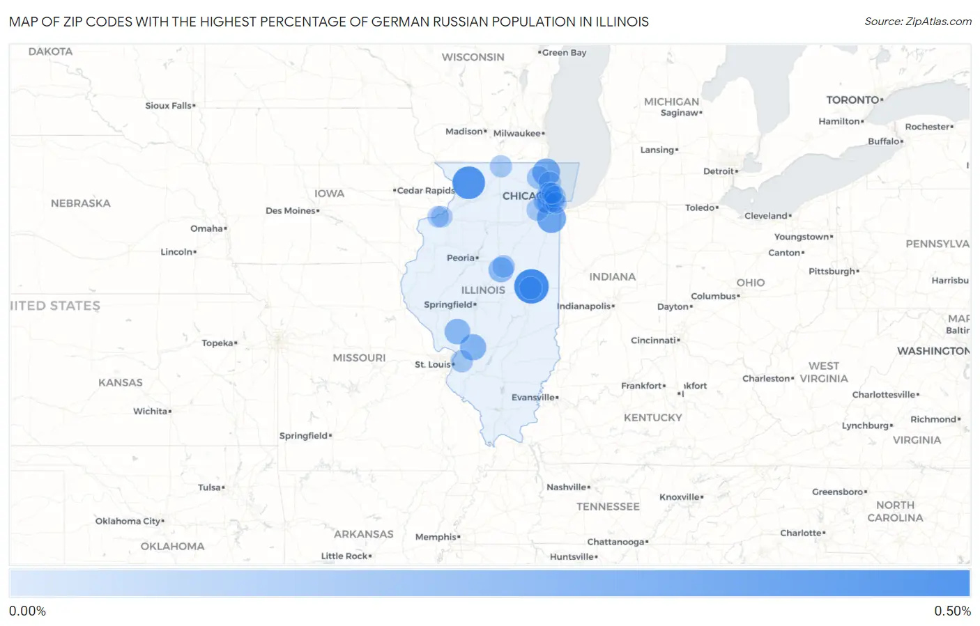 Zip Codes with the Highest Percentage of German Russian Population in Illinois Map