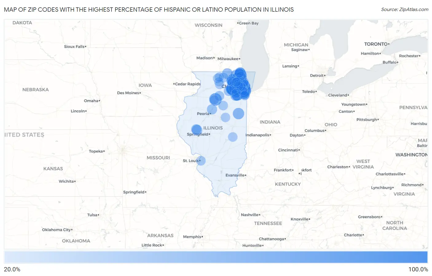 Zip Codes with the Highest Percentage of Hispanic or Latino Population in Illinois Map