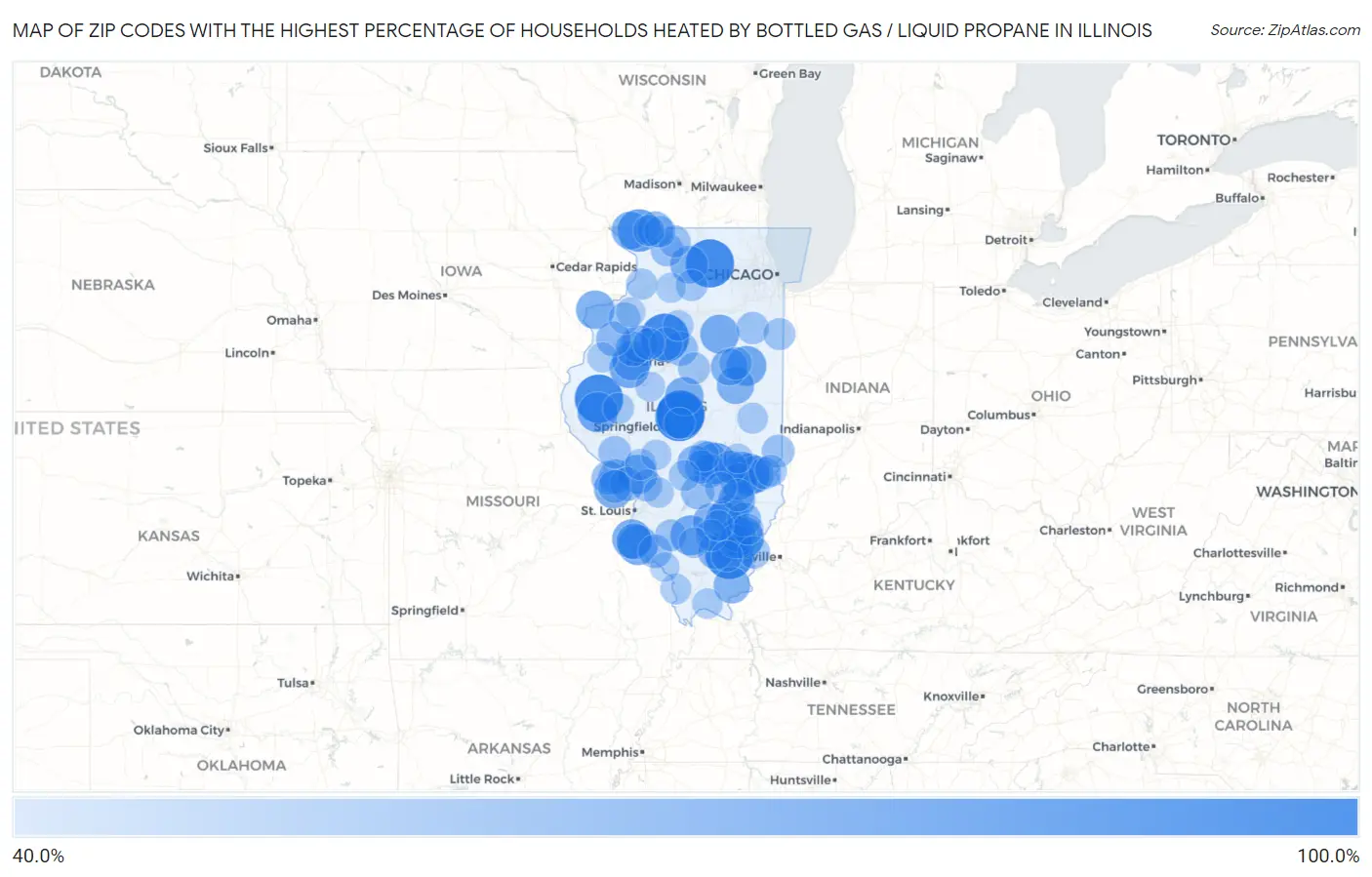 Zip Codes with the Highest Percentage of Households Heated by Bottled Gas / Liquid Propane in Illinois Map