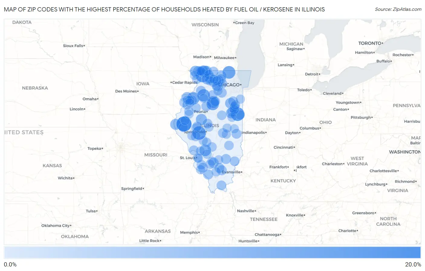 Zip Codes with the Highest Percentage of Households Heated by Fuel Oil / Kerosene in Illinois Map