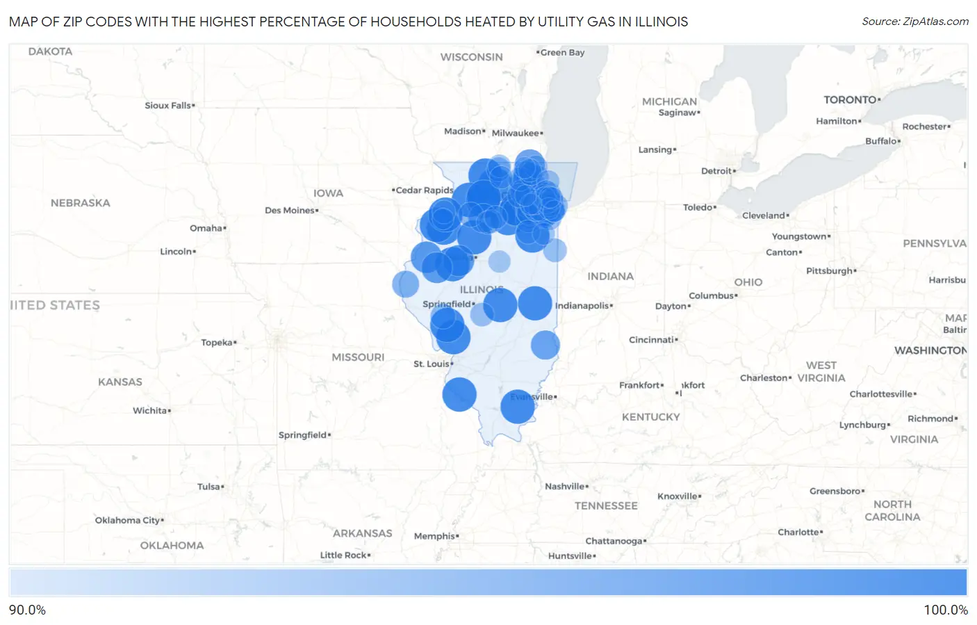 Zip Codes with the Highest Percentage of Households Heated by Utility Gas in Illinois Map