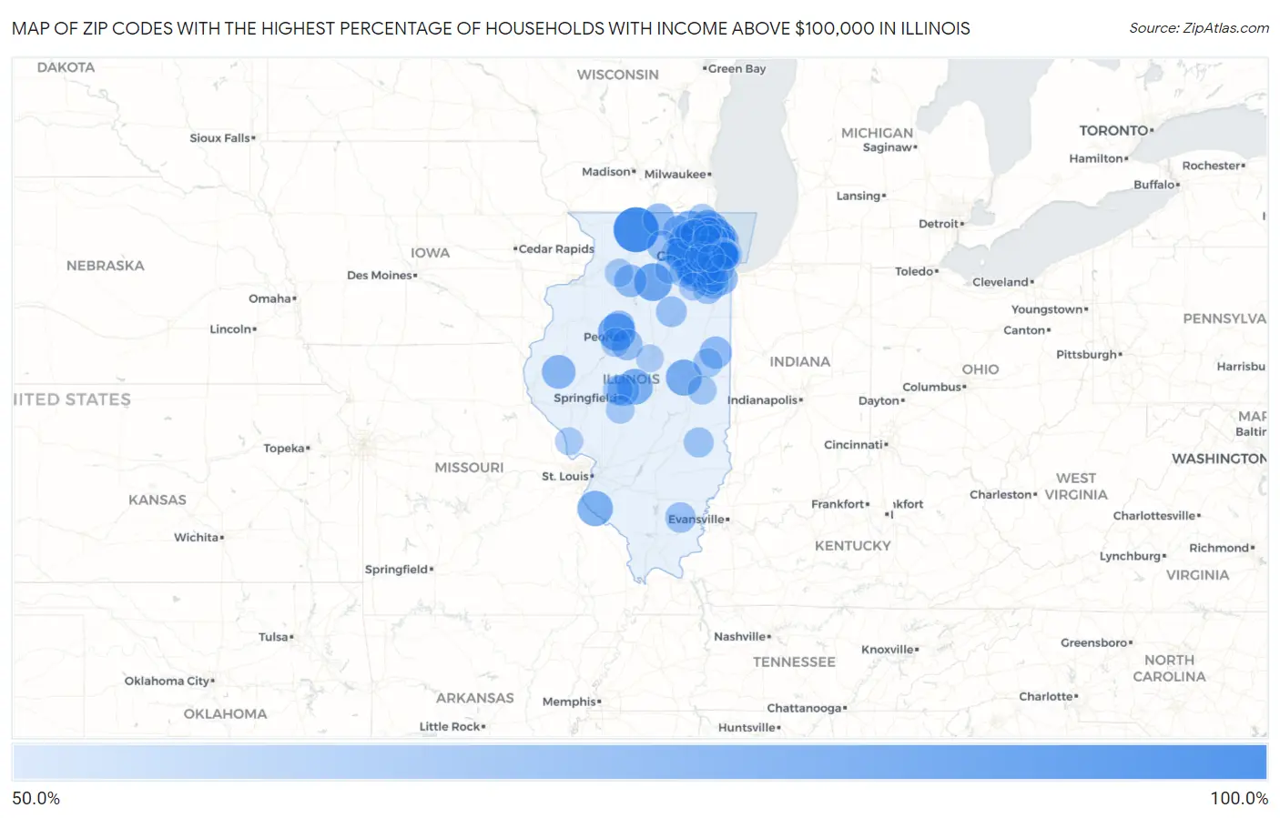 Zip Codes with the Highest Percentage of Households with Income Above $100,000 in Illinois Map