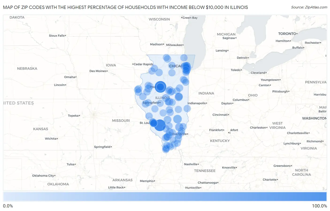 Zip Codes with the Highest Percentage of Households with Income Below $10,000 in Illinois Map
