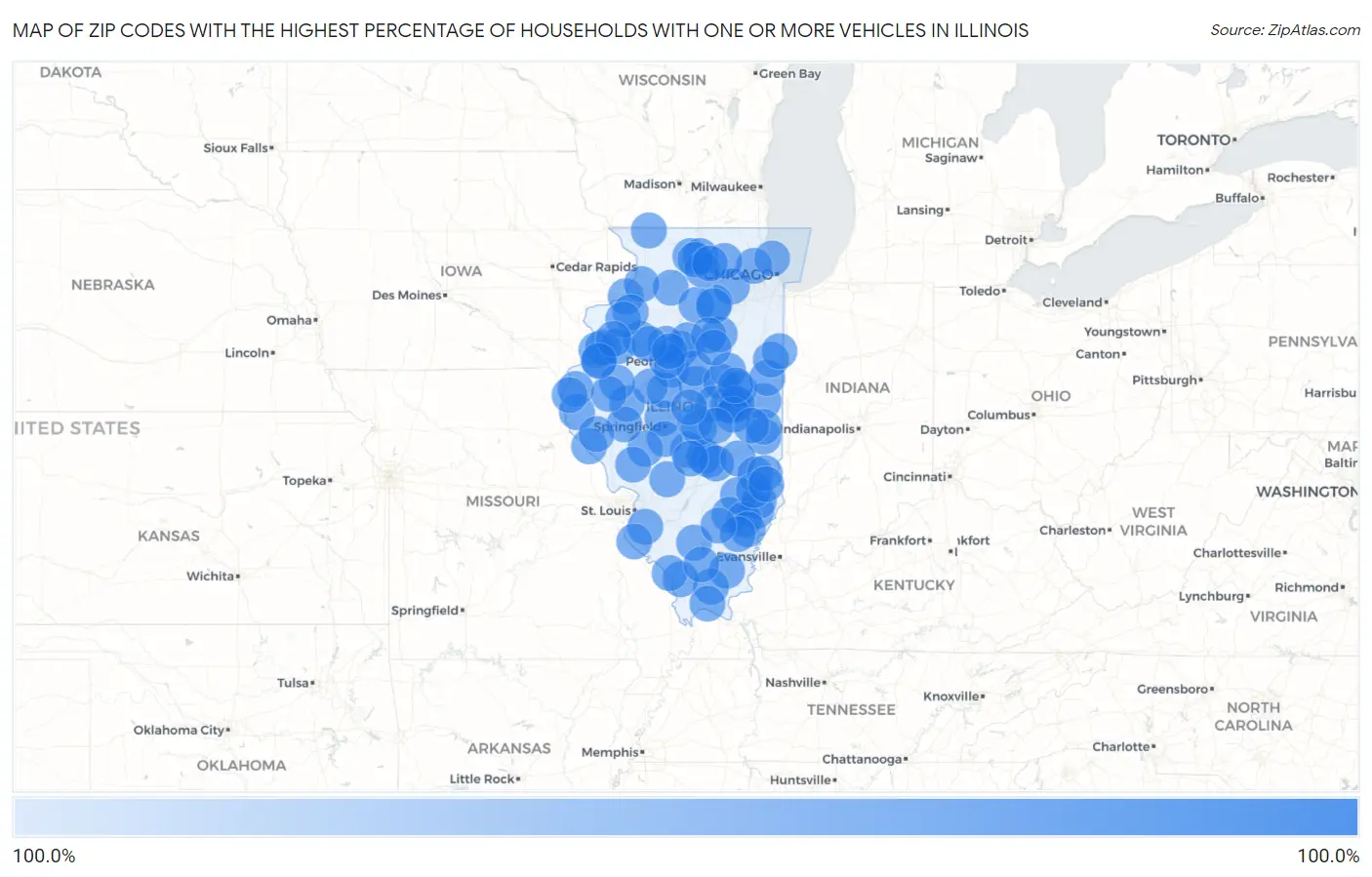 Zip Codes with the Highest Percentage of Households With One or more Vehicles in Illinois Map