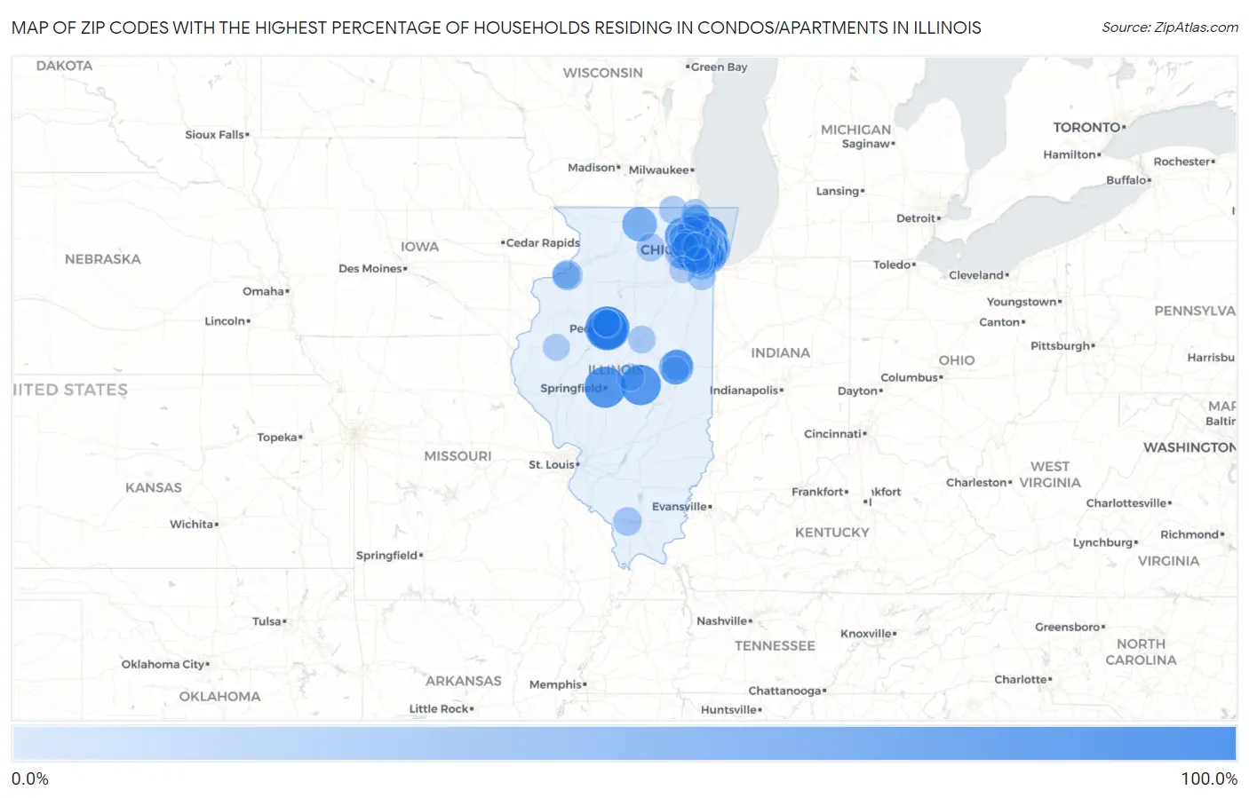 Zip Codes with the Highest Percentage of Households Residing in Condos/Apartments in Illinois Map