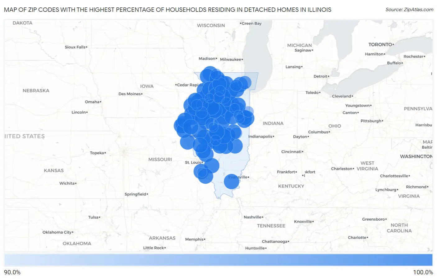 Zip Codes with the Highest Percentage of Households Residing in Detached Homes in Illinois Map