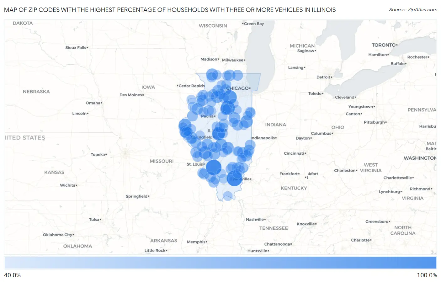 Zip Codes with the Highest Percentage of Households With Three or more Vehicles in Illinois Map