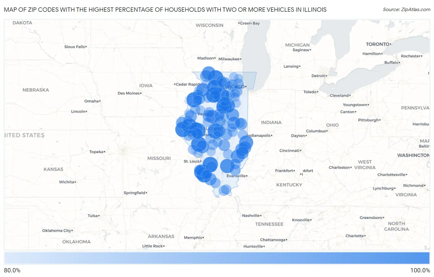Zip Codes with the Highest Percentage of Households With Two or more Vehicles in Illinois Map