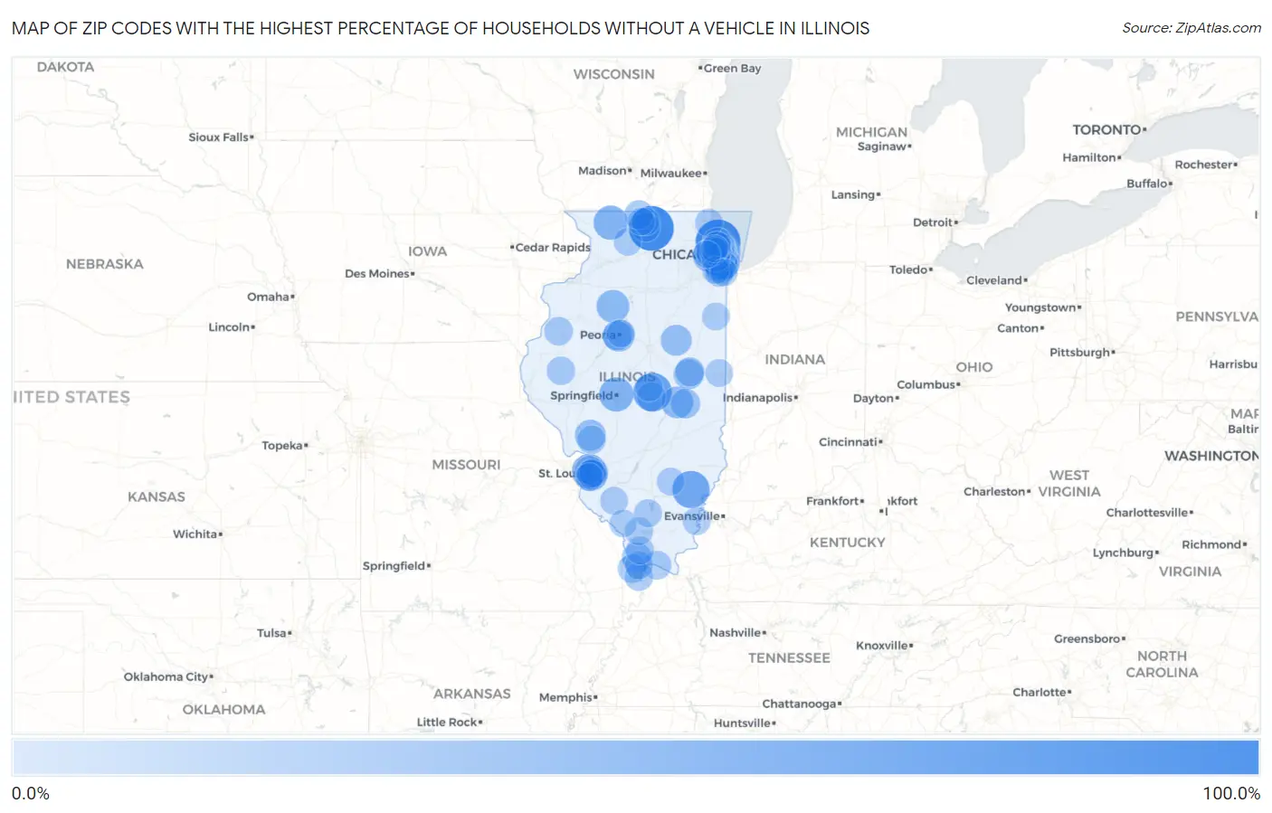 Zip Codes with the Highest Percentage of Households Without a Vehicle in Illinois Map
