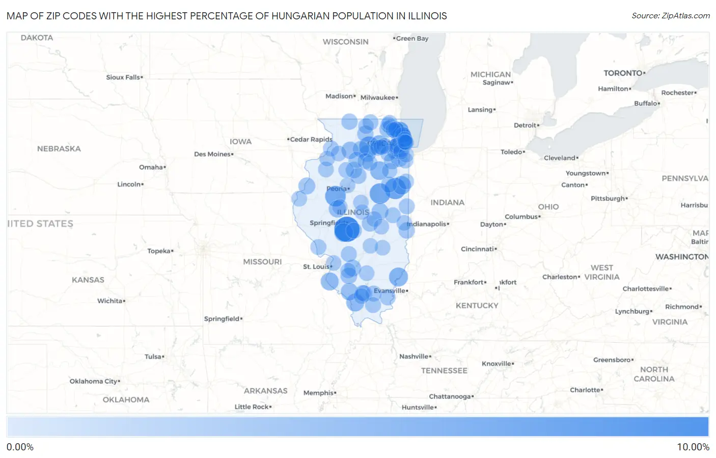 Zip Codes with the Highest Percentage of Hungarian Population in Illinois Map