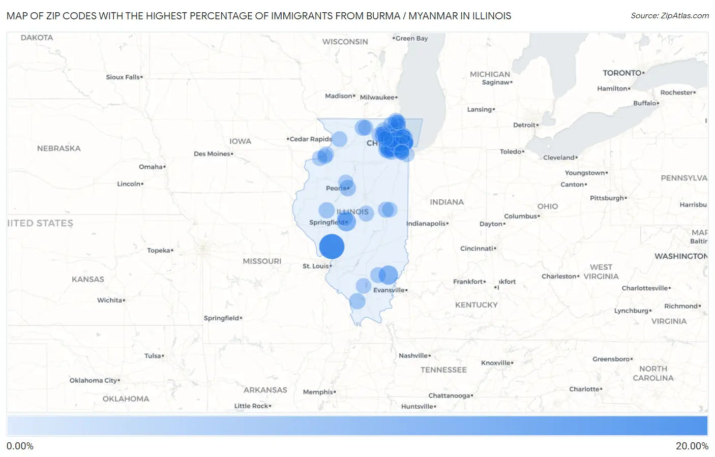 Zip Codes with the Highest Percentage of Immigrants from Burma / Myanmar in Illinois Map