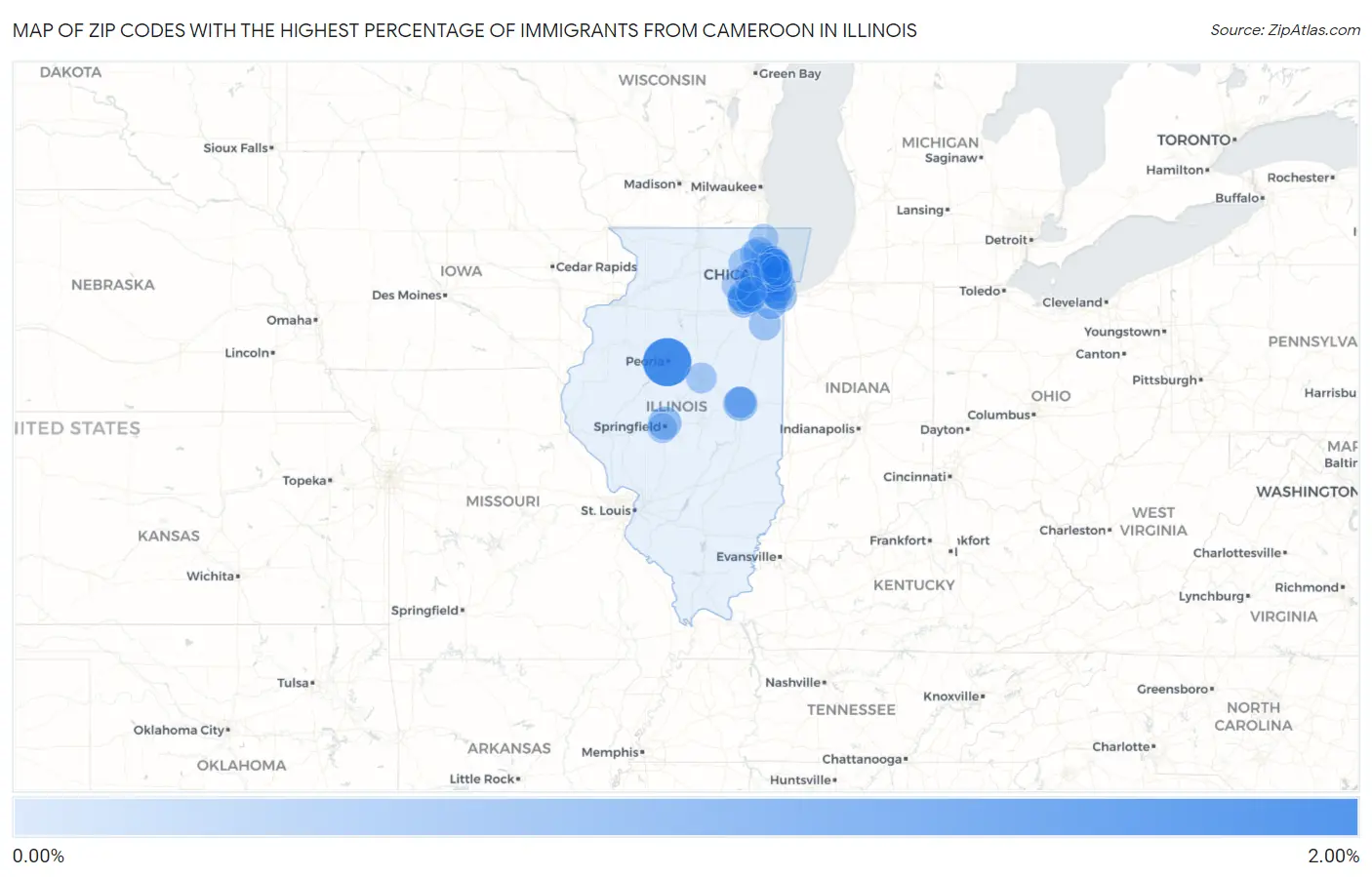 Zip Codes with the Highest Percentage of Immigrants from Cameroon in Illinois Map