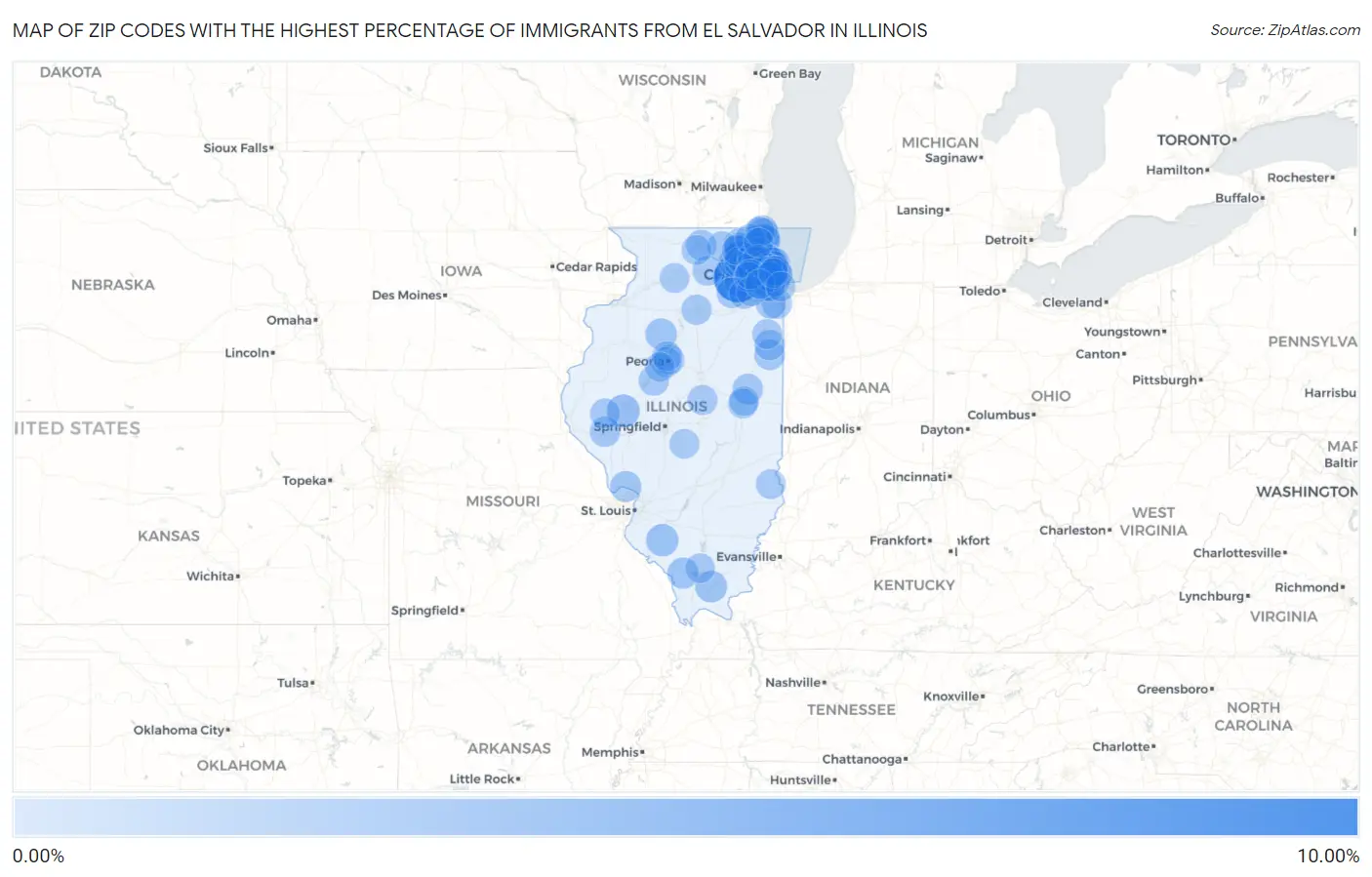 Zip Codes with the Highest Percentage of Immigrants from El Salvador in Illinois Map