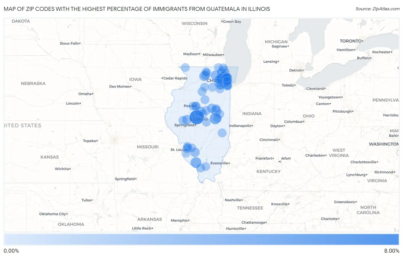 Zip Codes with the Highest Percentage of Immigrants from Guatemala in Illinois Map