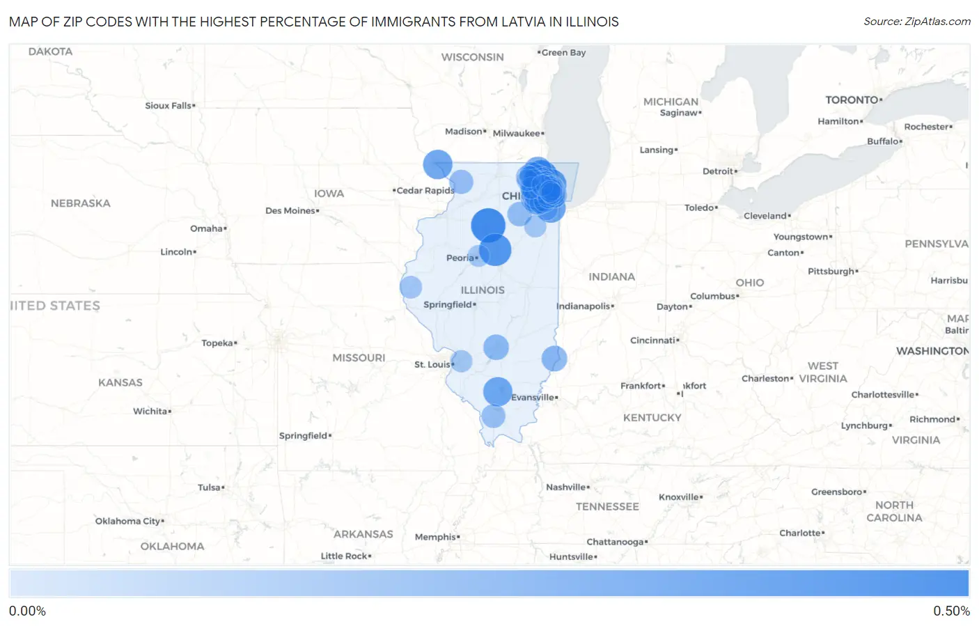 Zip Codes with the Highest Percentage of Immigrants from Latvia in Illinois Map
