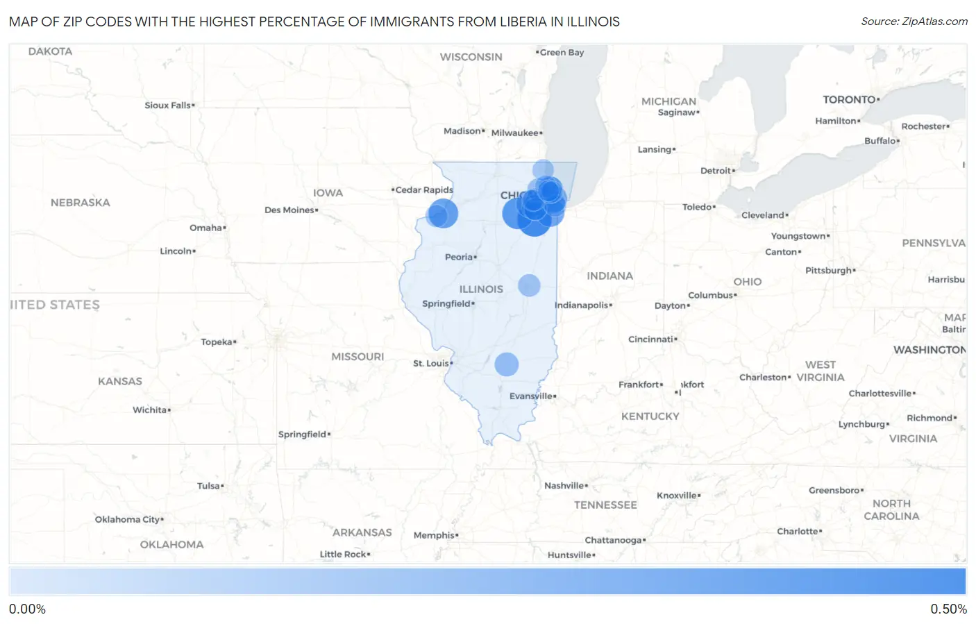 Zip Codes with the Highest Percentage of Immigrants from Liberia in Illinois Map