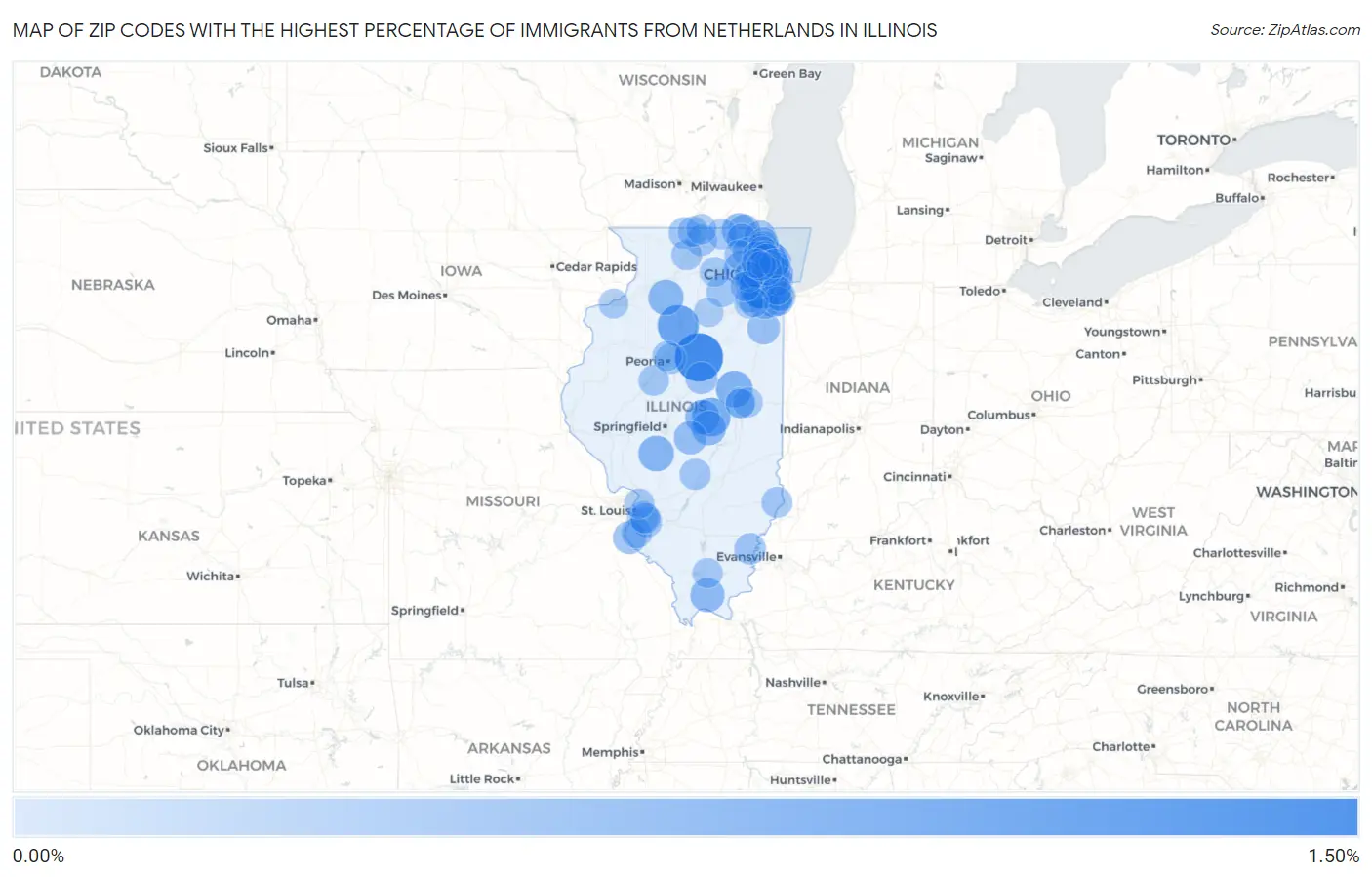 Zip Codes with the Highest Percentage of Immigrants from Netherlands in Illinois Map