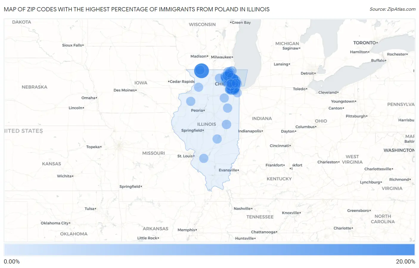 Zip Codes with the Highest Percentage of Immigrants from Poland in Illinois Map