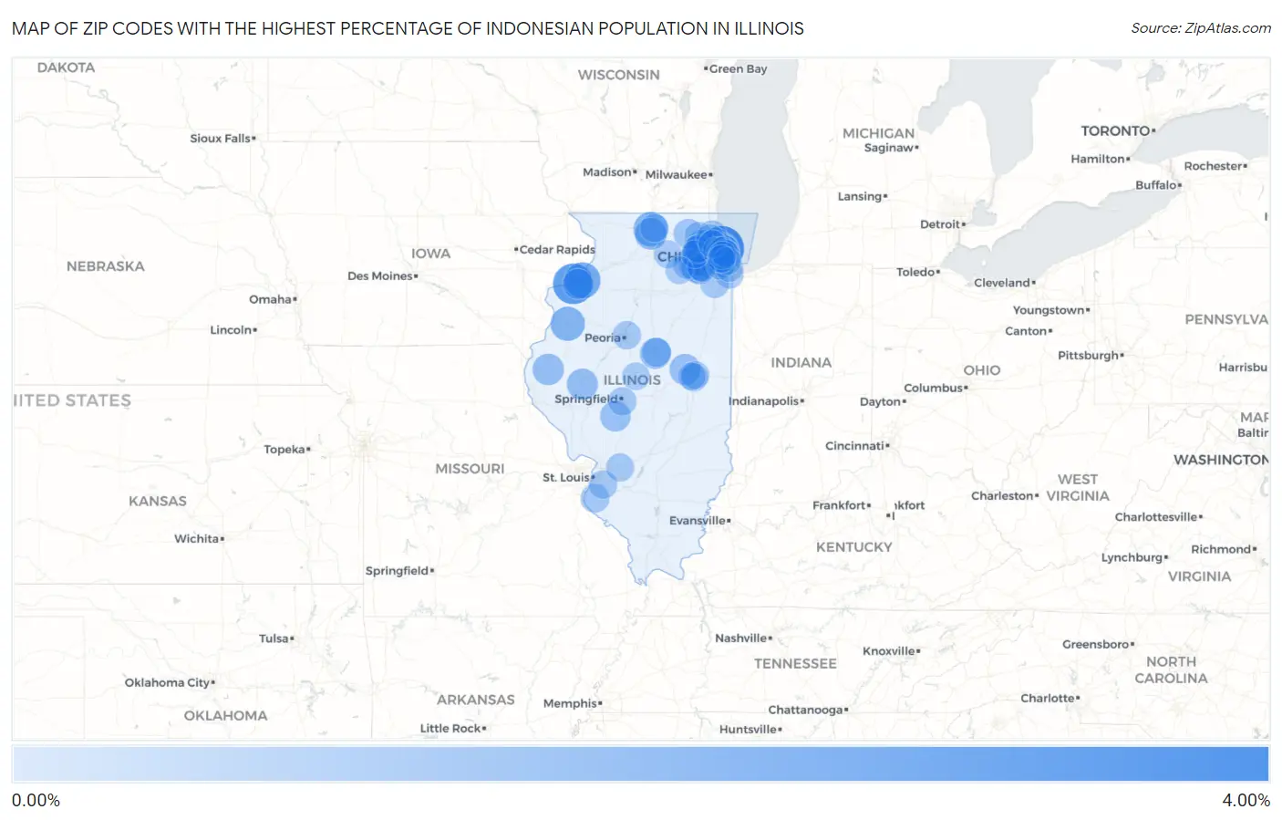 Zip Codes with the Highest Percentage of Indonesian Population in Illinois Map