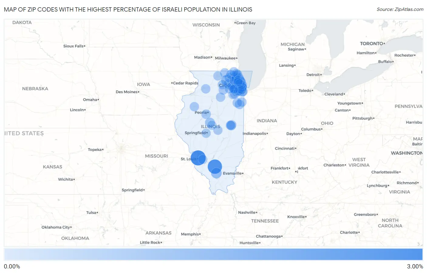 Zip Codes with the Highest Percentage of Israeli Population in Illinois Map