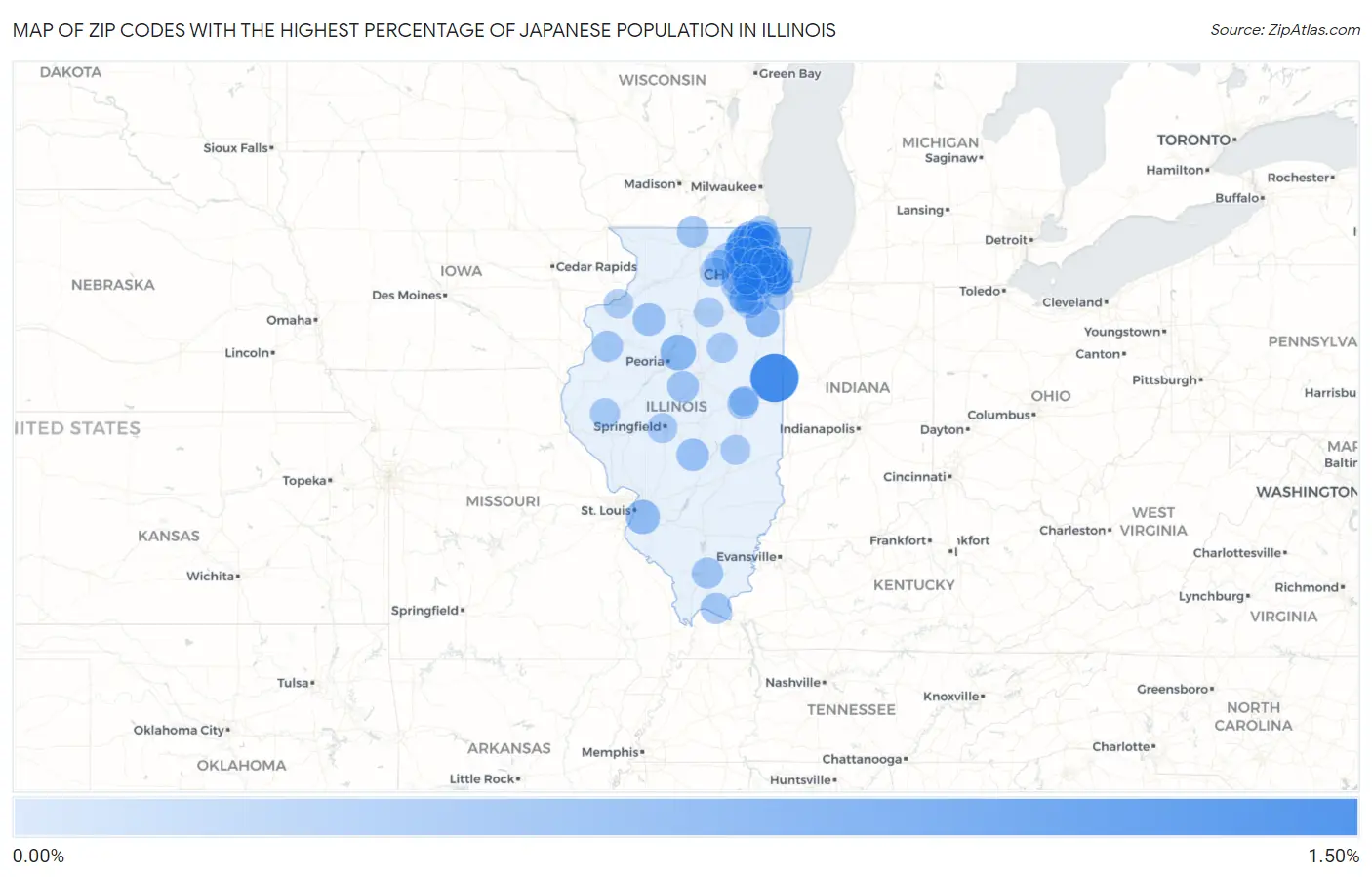 Zip Codes with the Highest Percentage of Japanese Population in Illinois Map