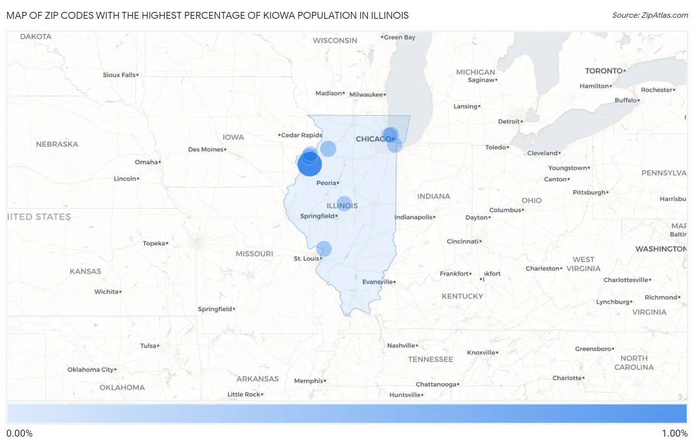 Zip Codes with the Highest Percentage of Kiowa Population in Illinois Map