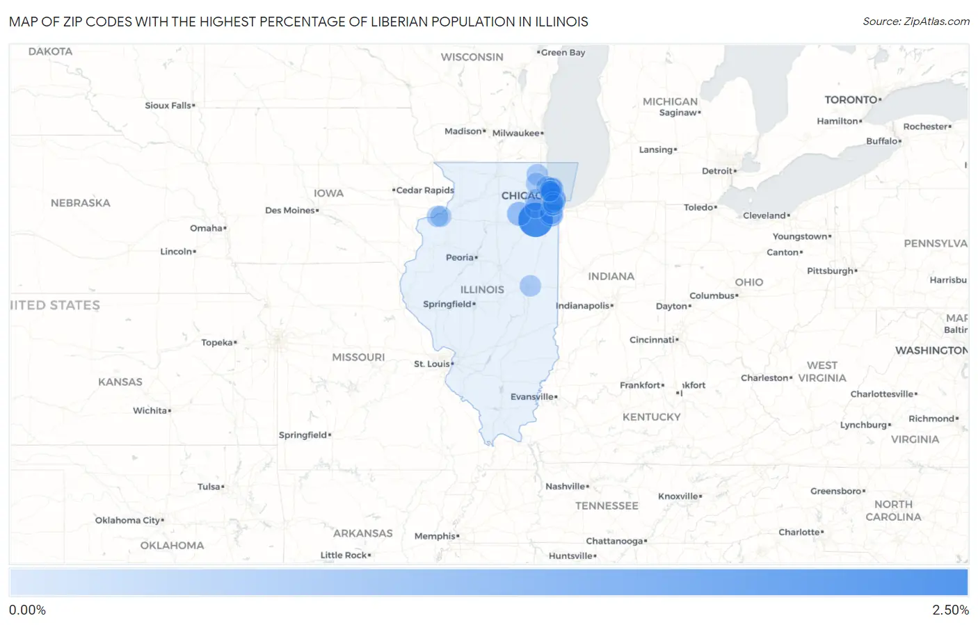 Zip Codes with the Highest Percentage of Liberian Population in Illinois Map