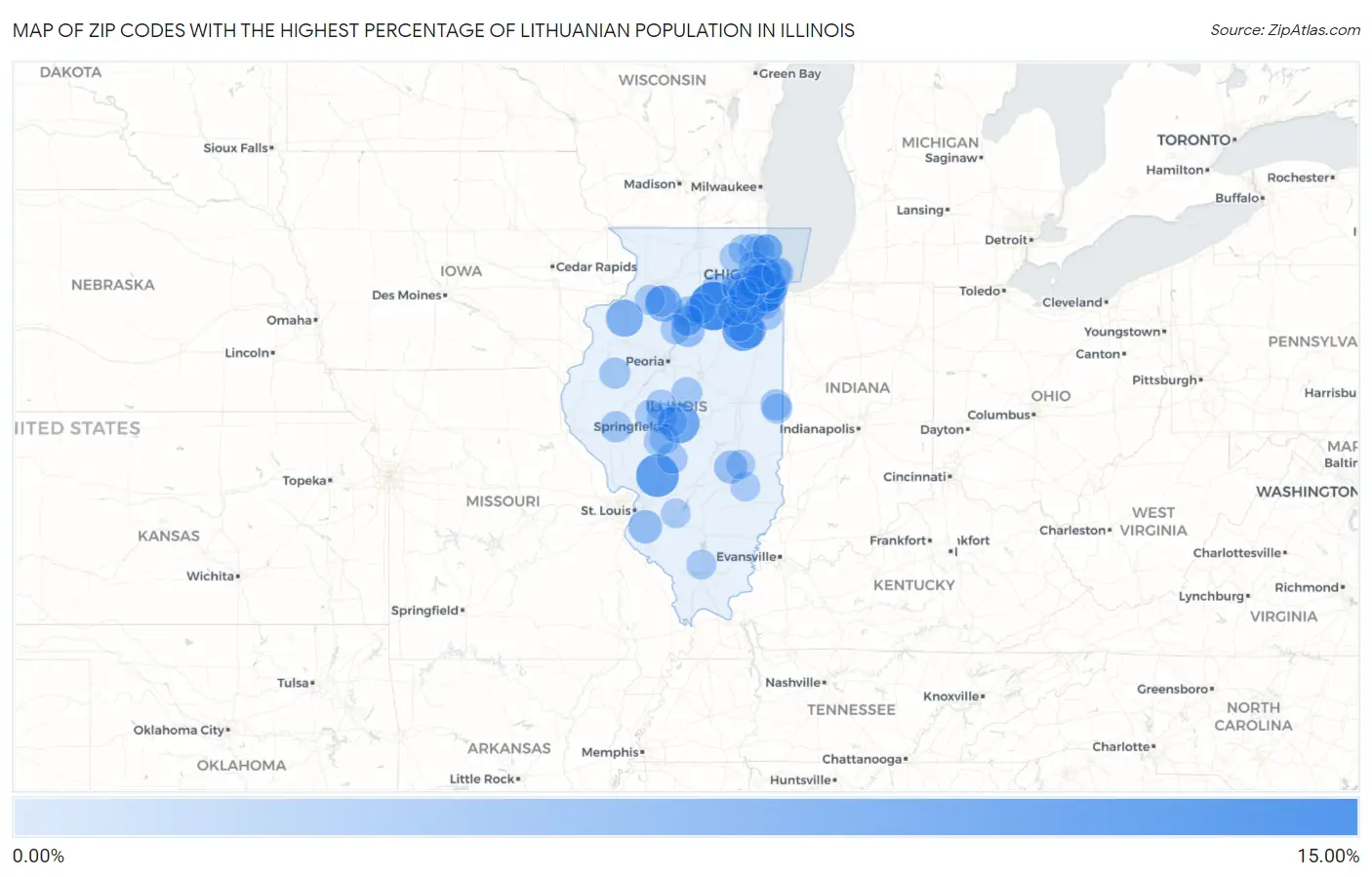 Zip Codes with the Highest Percentage of Lithuanian Population in Illinois Map