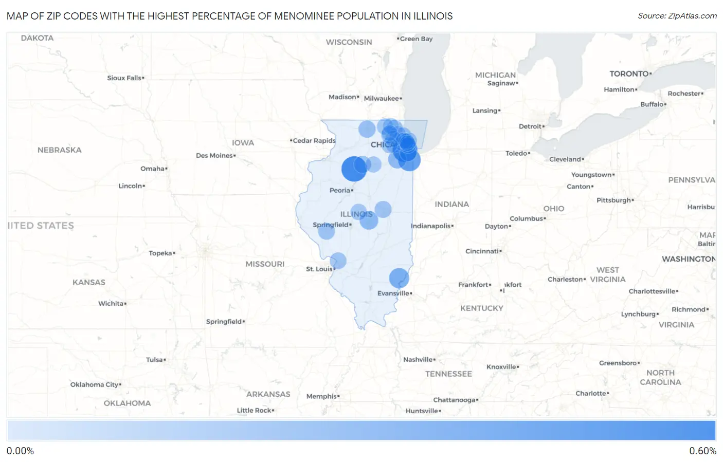 Zip Codes with the Highest Percentage of Menominee Population in Illinois Map