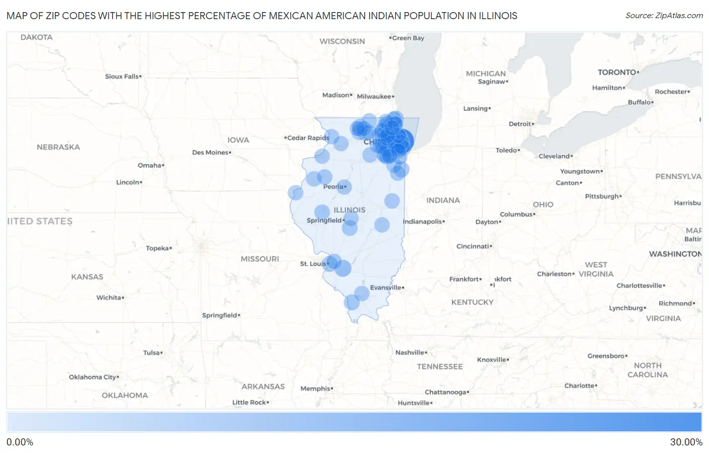 Zip Codes with the Highest Percentage of Mexican American Indian Population in Illinois Map