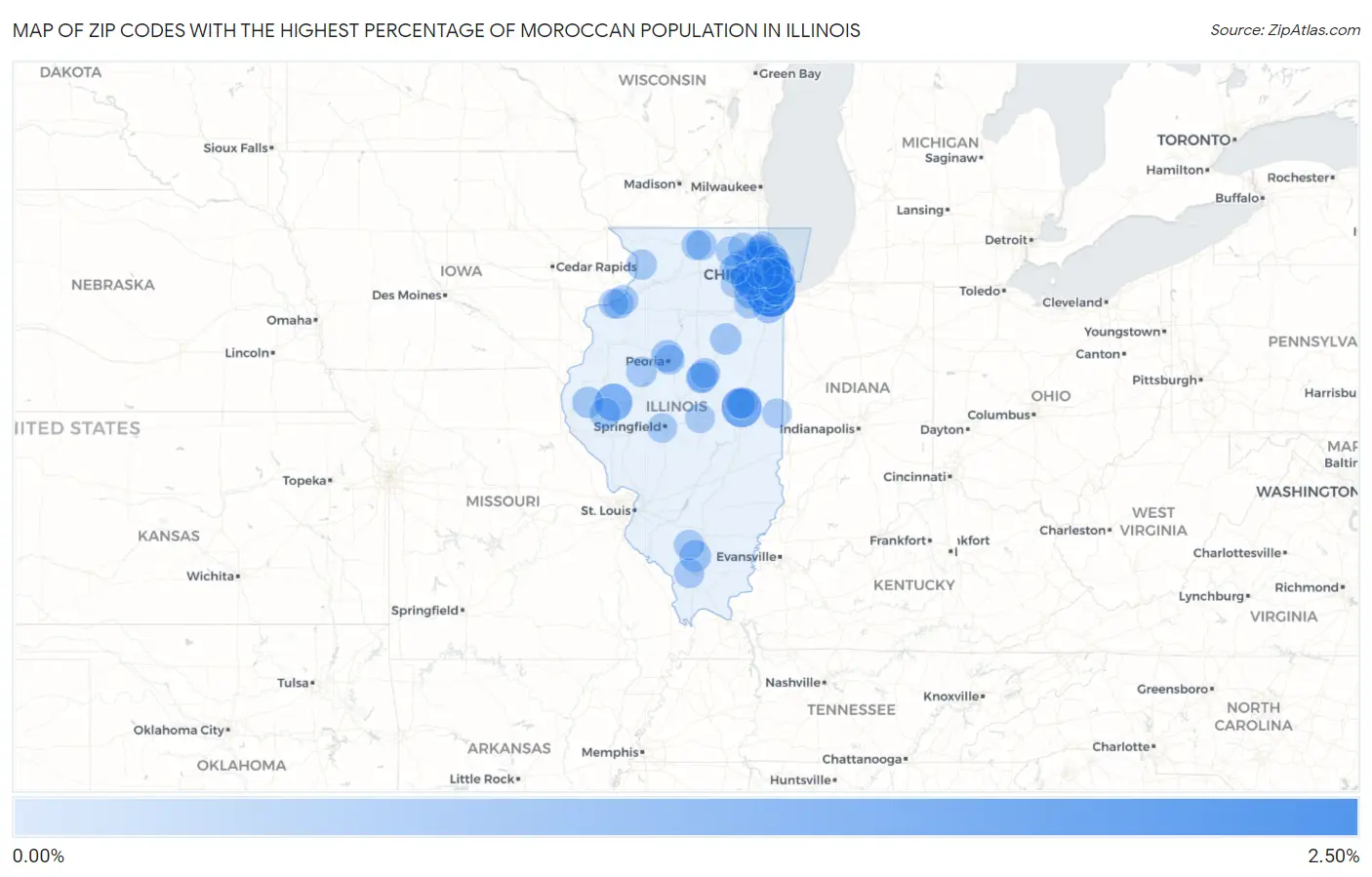 Zip Codes with the Highest Percentage of Moroccan Population in Illinois Map
