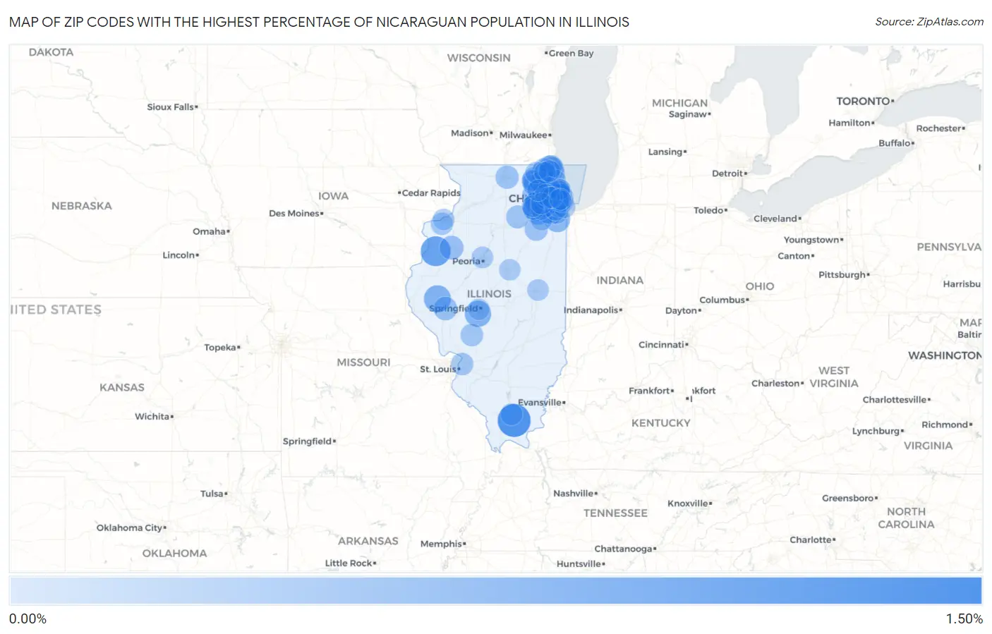 Zip Codes with the Highest Percentage of Nicaraguan Population in Illinois Map