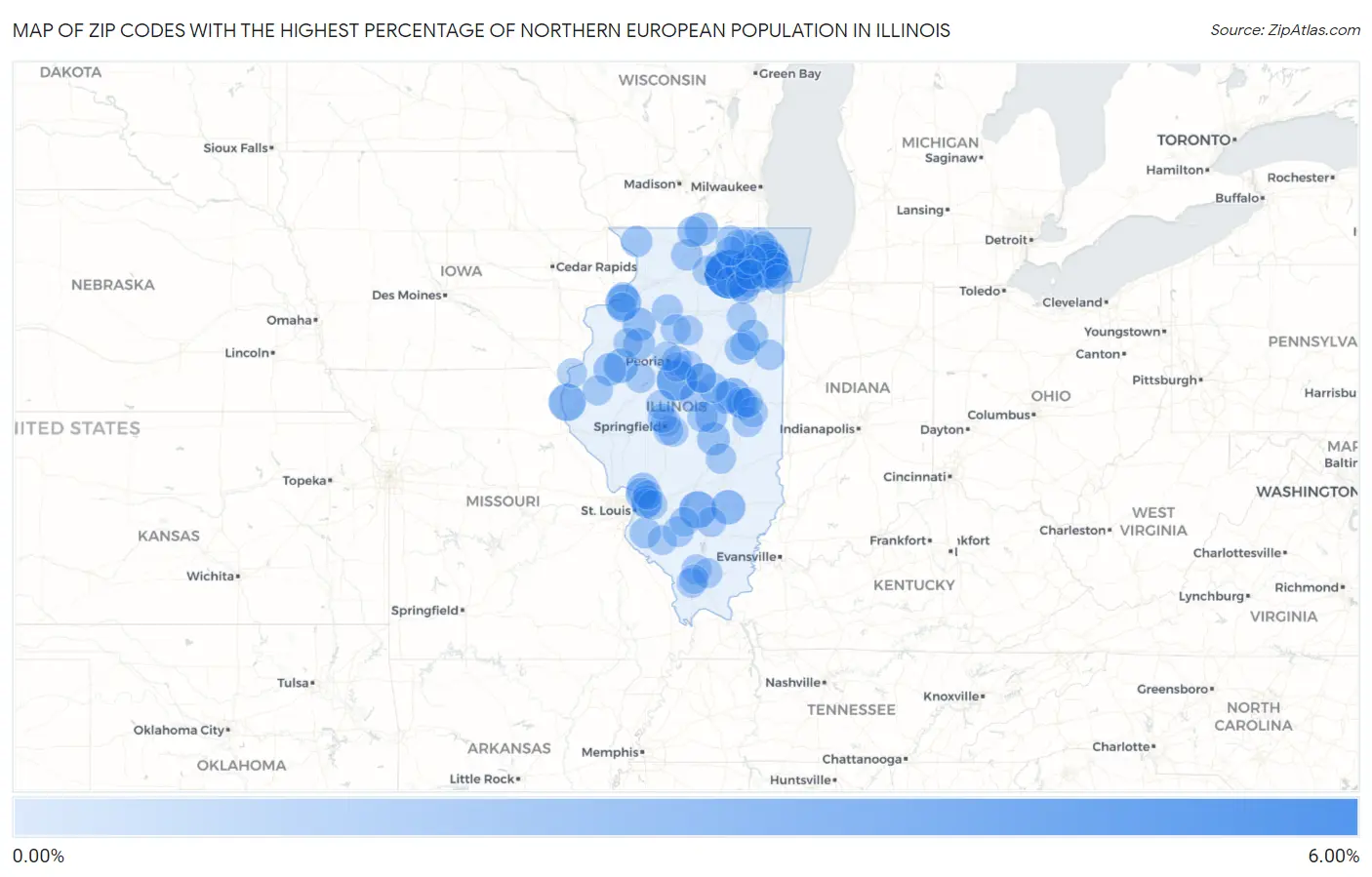 Zip Codes with the Highest Percentage of Northern European Population in Illinois Map