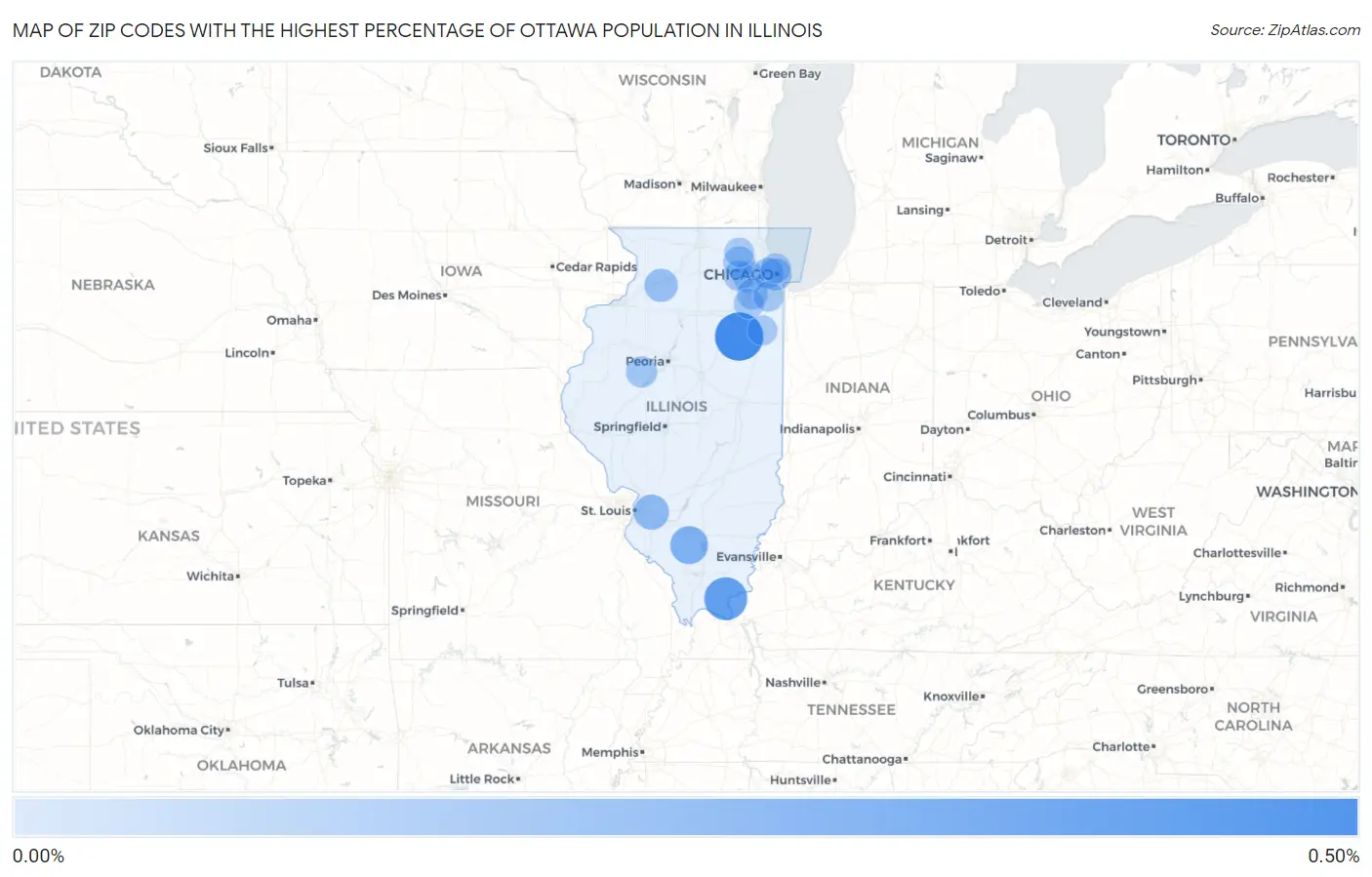 Zip Codes with the Highest Percentage of Ottawa Population in Illinois Map
