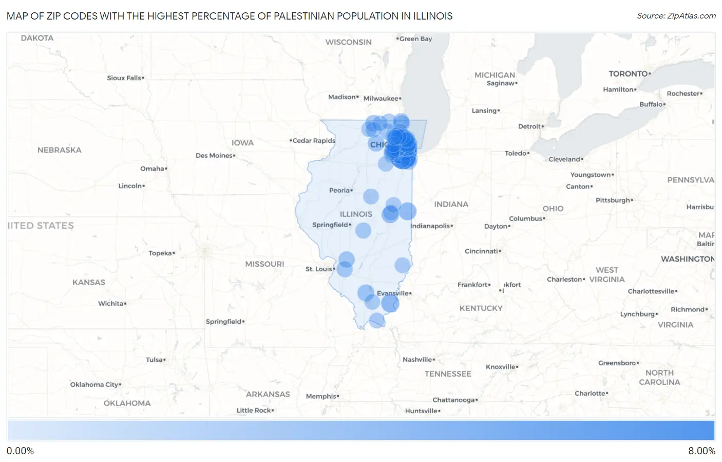 Zip Codes with the Highest Percentage of Palestinian Population in Illinois Map
