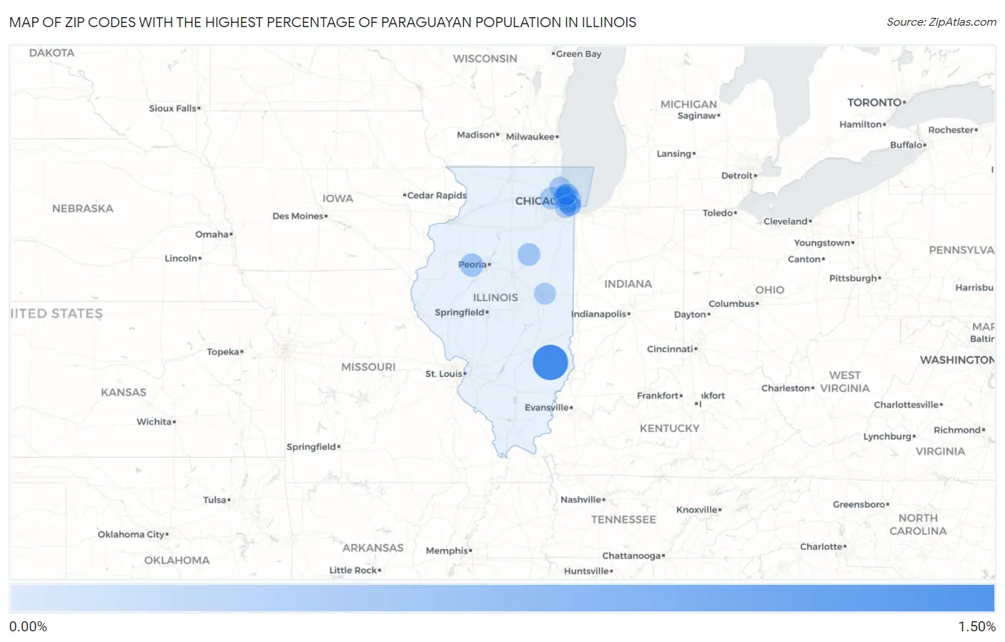 Zip Codes with the Highest Percentage of Paraguayan Population in Illinois Map
