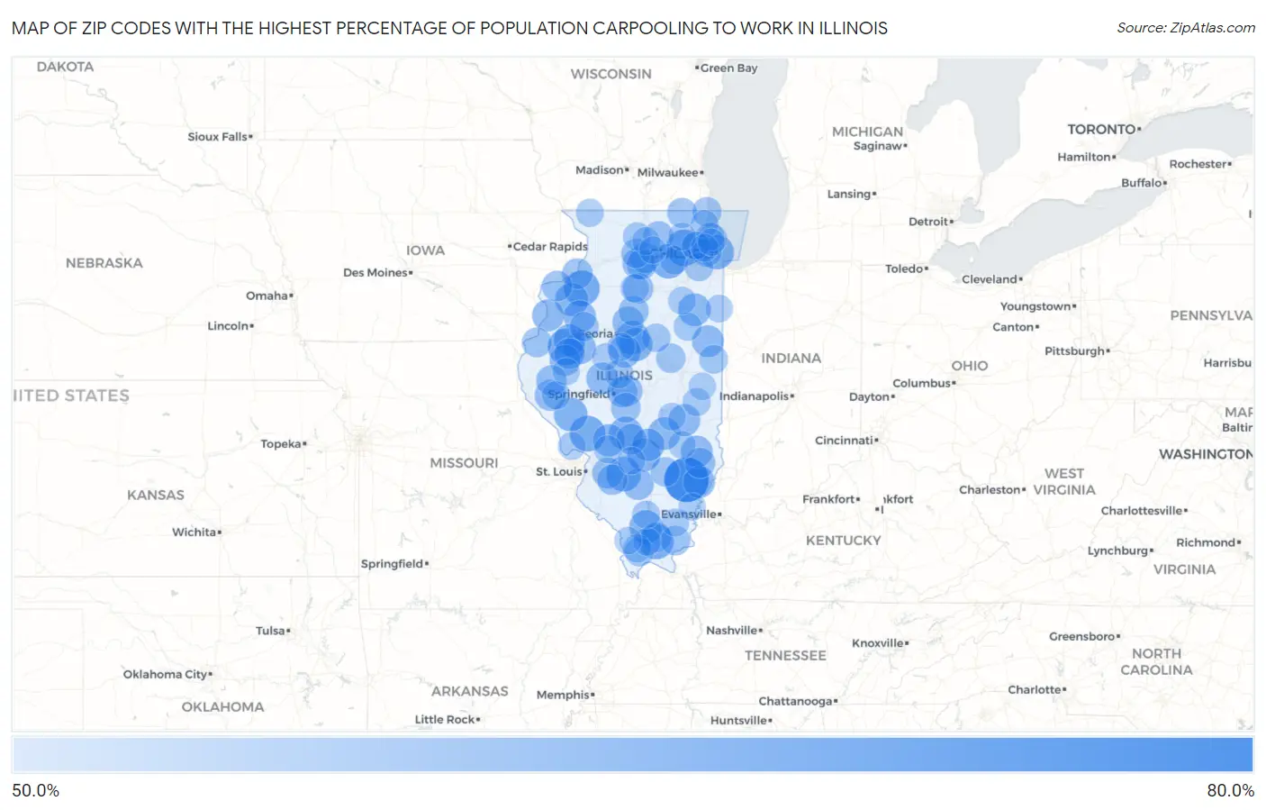 Zip Codes with the Highest Percentage of Population Carpooling to Work in Illinois Map