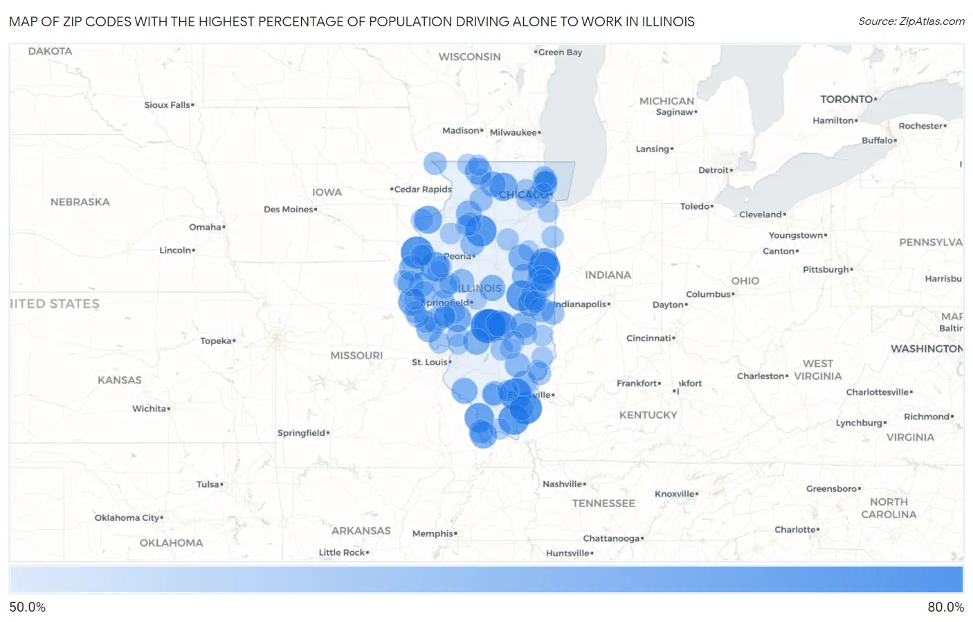 Zip Codes with the Highest Percentage of Population Driving Alone to Work in Illinois Map