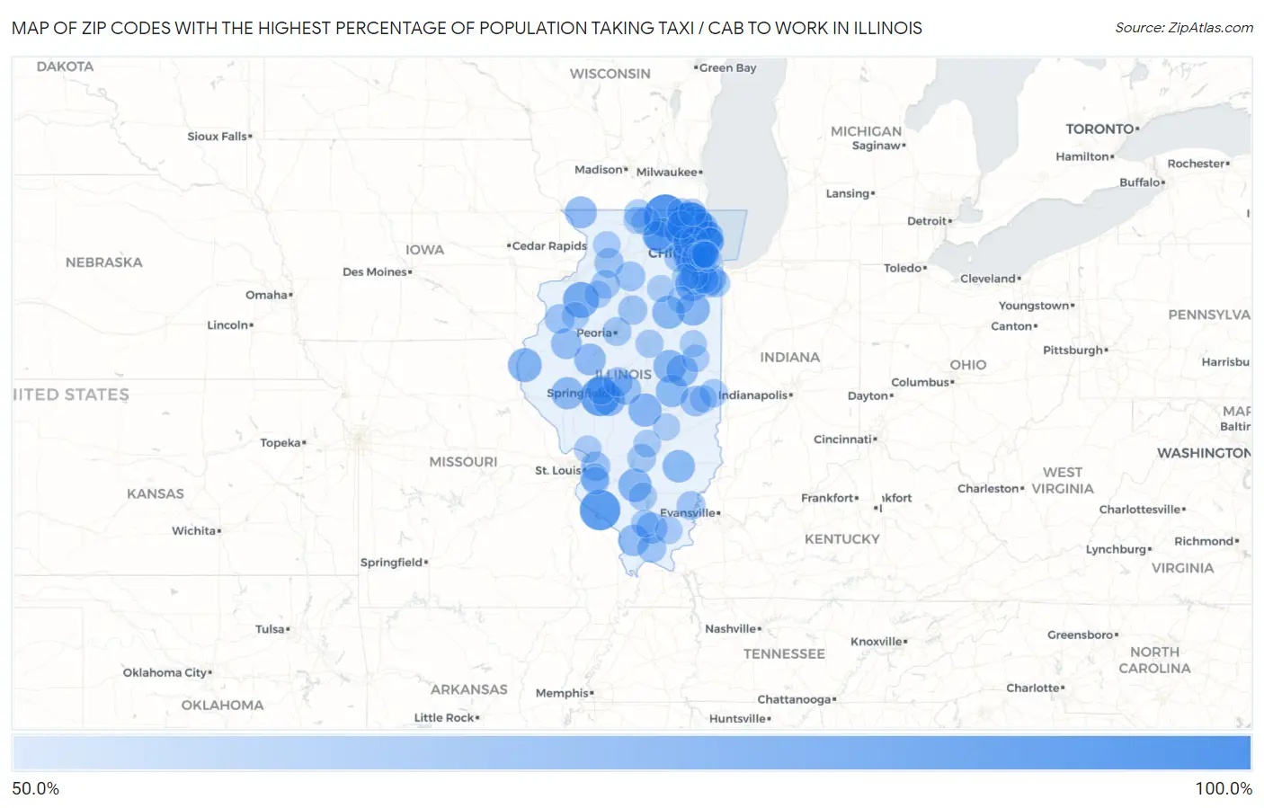 Zip Codes with the Highest Percentage of Population Taking Taxi / Cab to Work in Illinois Map