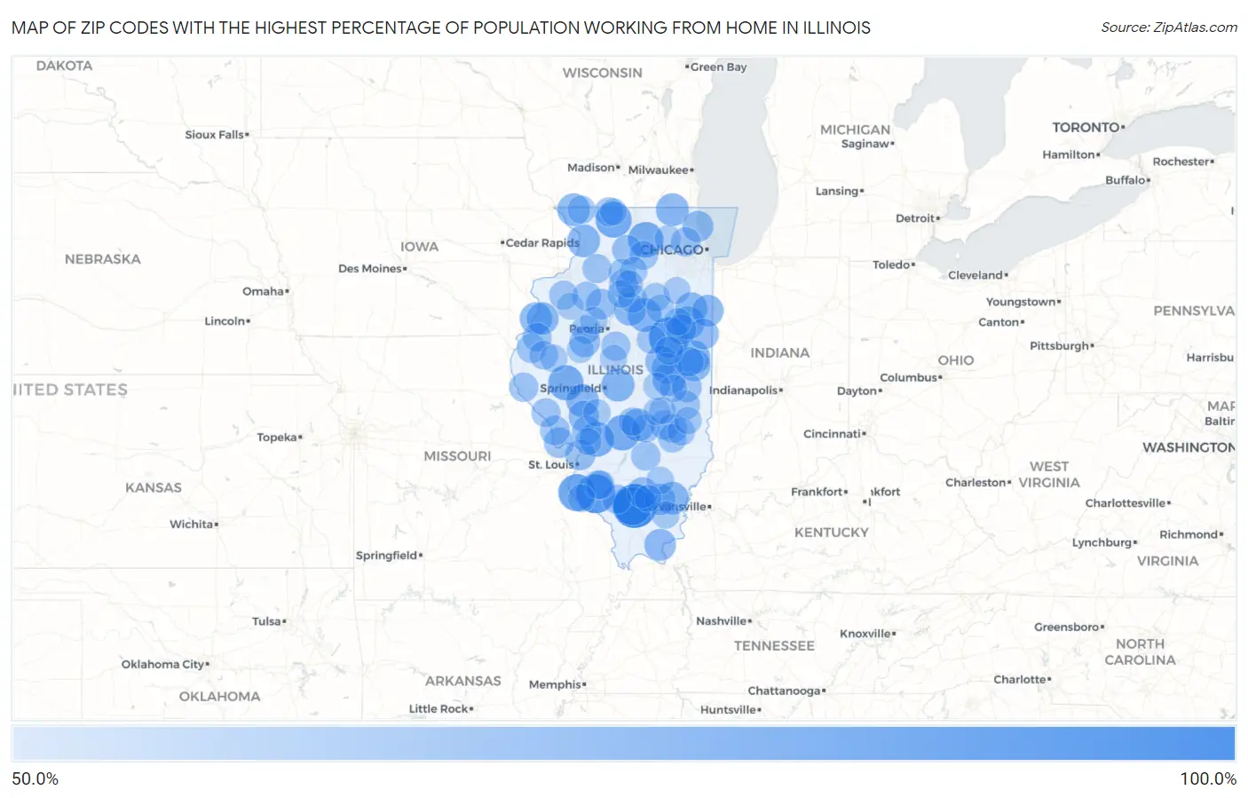 Zip Codes with the Highest Percentage of Population Working from Home in Illinois Map