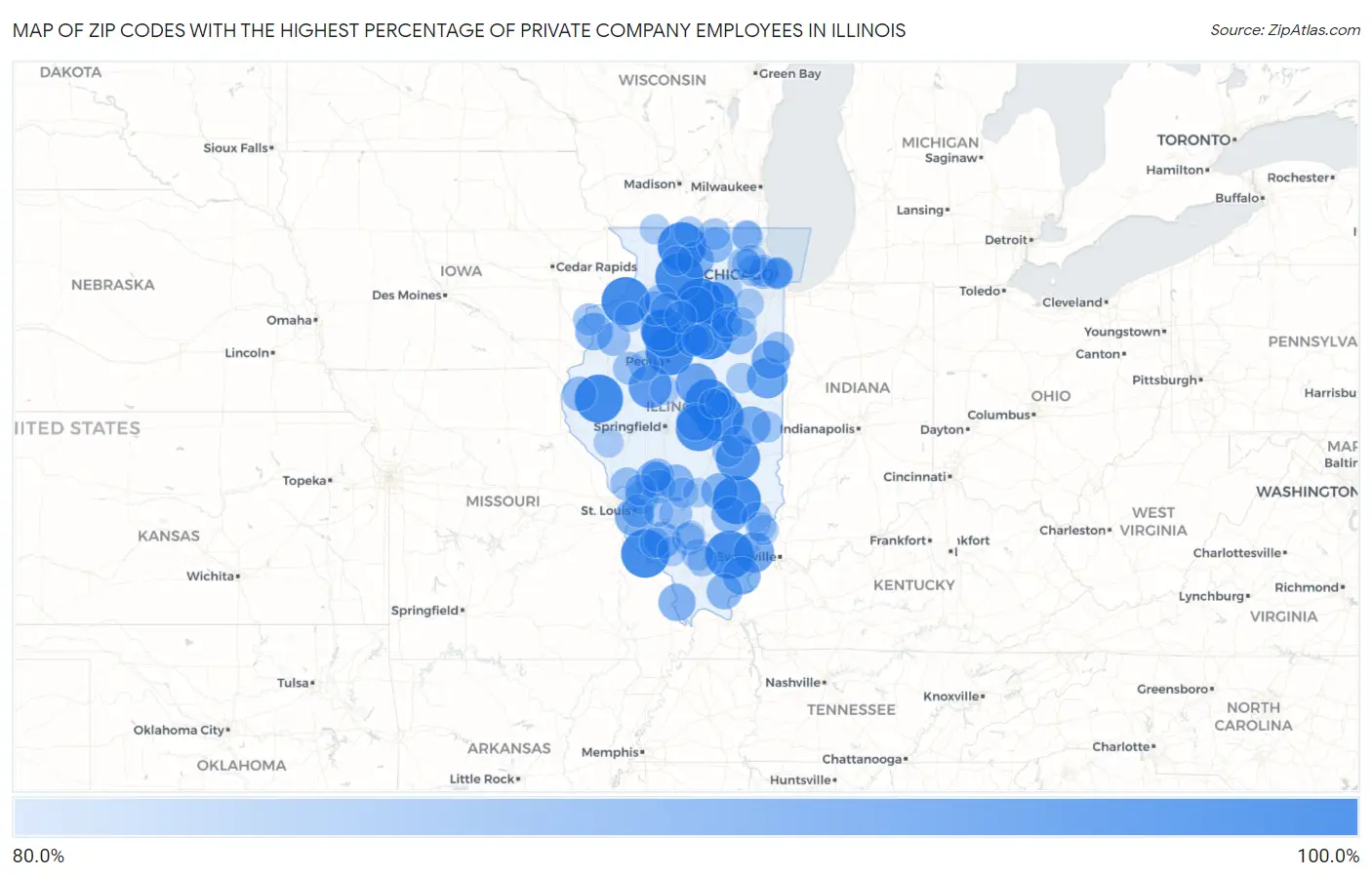 Zip Codes with the Highest Percentage of Private Company Employees in Illinois Map