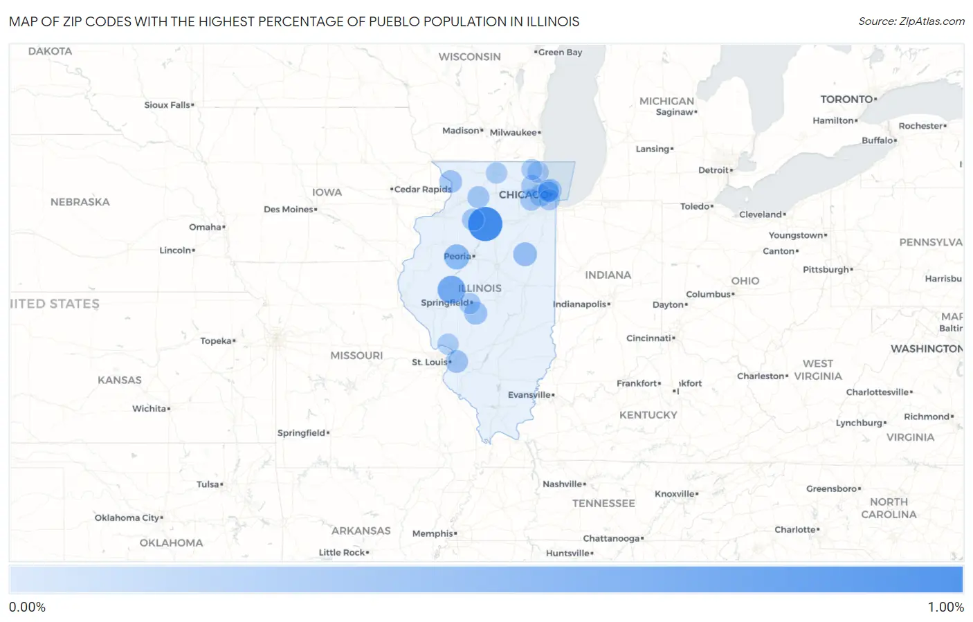 Zip Codes with the Highest Percentage of Pueblo Population in Illinois Map