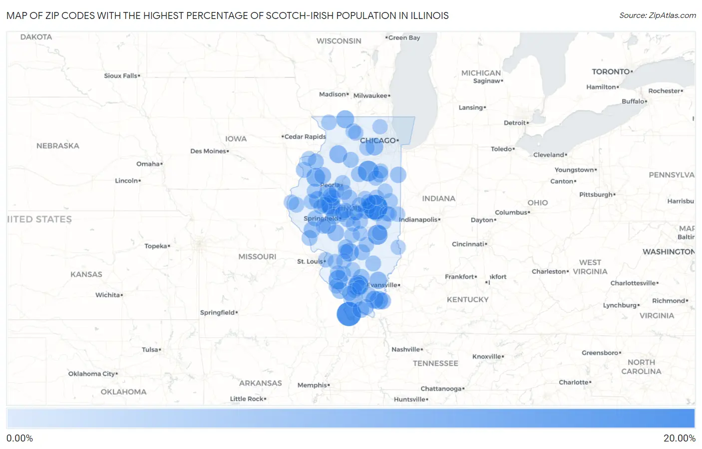 Zip Codes with the Highest Percentage of Scotch-Irish Population in Illinois Map